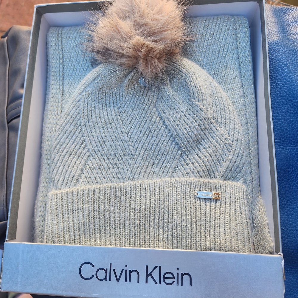 Calvin Klein Cream Knit Beanie with Pom Pom